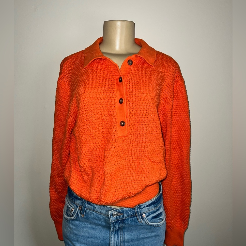 Urban Outfitters Orange Knit Cropped Sweater Pullover Polo Button Y2k 90's